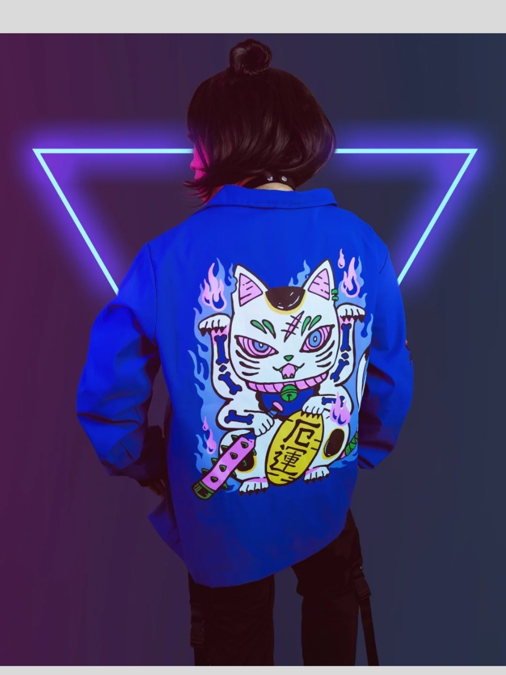 Kinwamonster Unlucky Cat Blue, Button Jacket Size Small Embroidered Screen Print